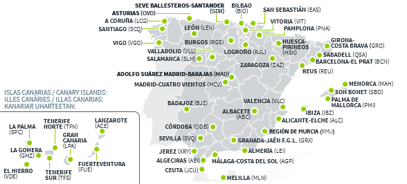 Map of airports in Spain
