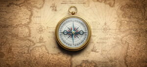 Old magnetic compass on world map showing geographical coordinates